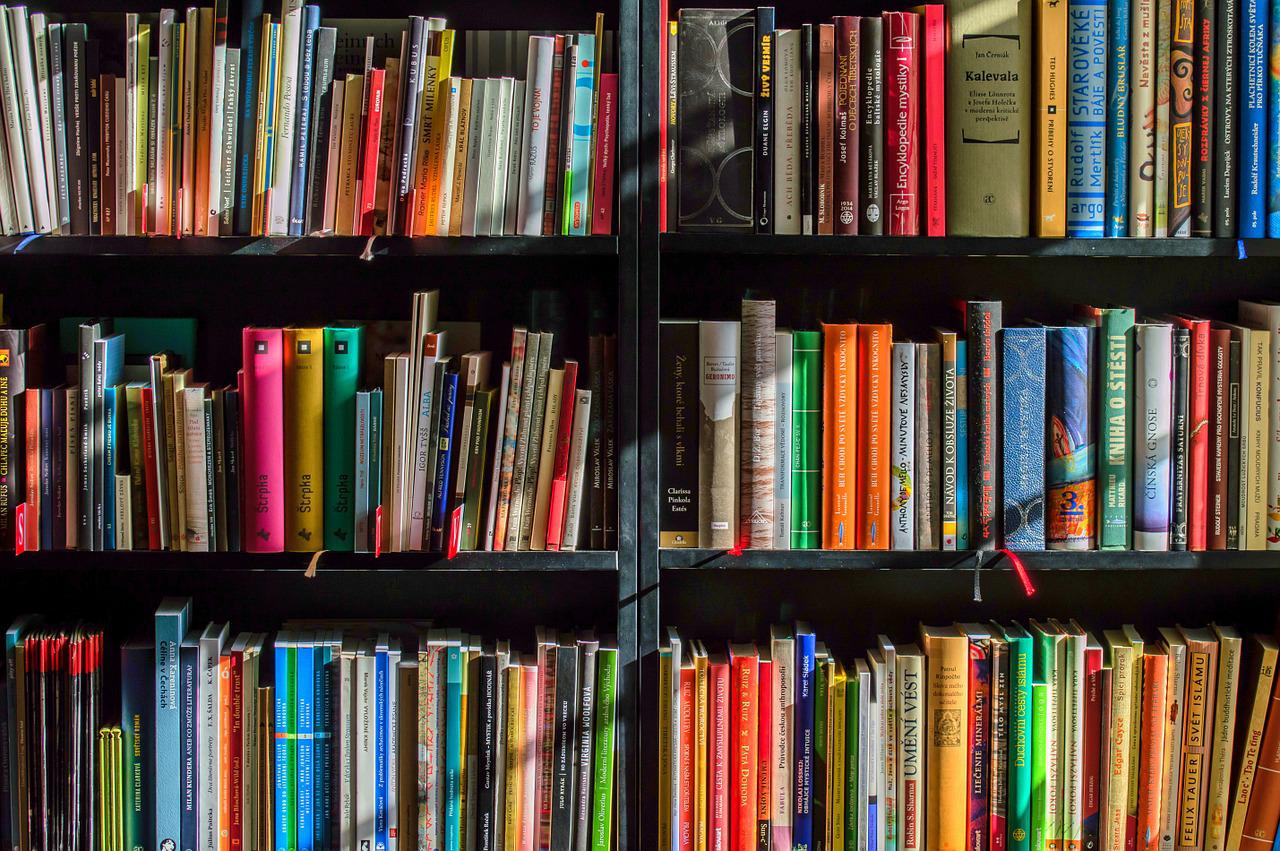 Kolorowe książki na półkach w bibliotece